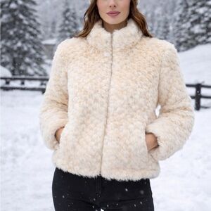 Mink or Rabbit fur coat elegant vintage cream toned chevron pattern